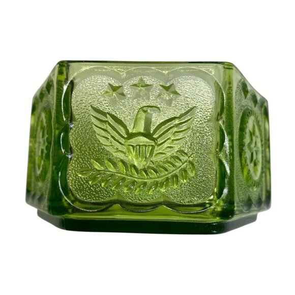 Tiara Indiana Colonial Green Glass Eagle & Stars Hexagonal Candy Dish Vintage - Picture 8 of 8